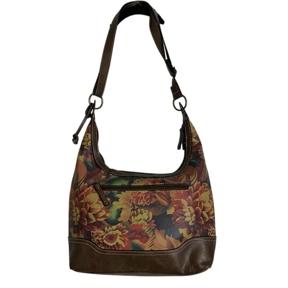 BOC Floral Shoulder Bag Brown Trim Hobo Purse Multi Pocket - Picture 3 of 9